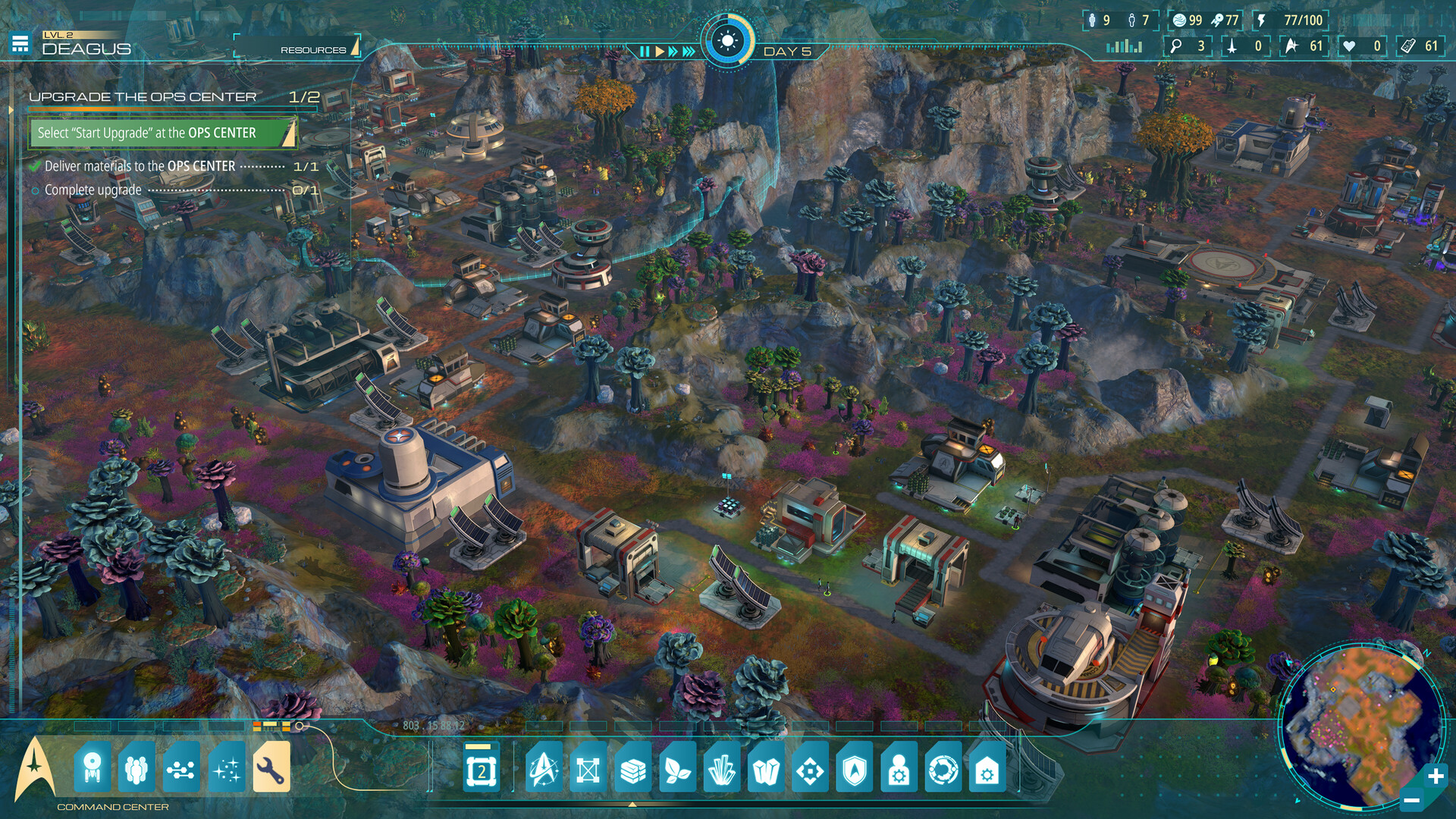 Outposts Unknown screenshot of a large outpost seen from above with the toolbar and planet globe.