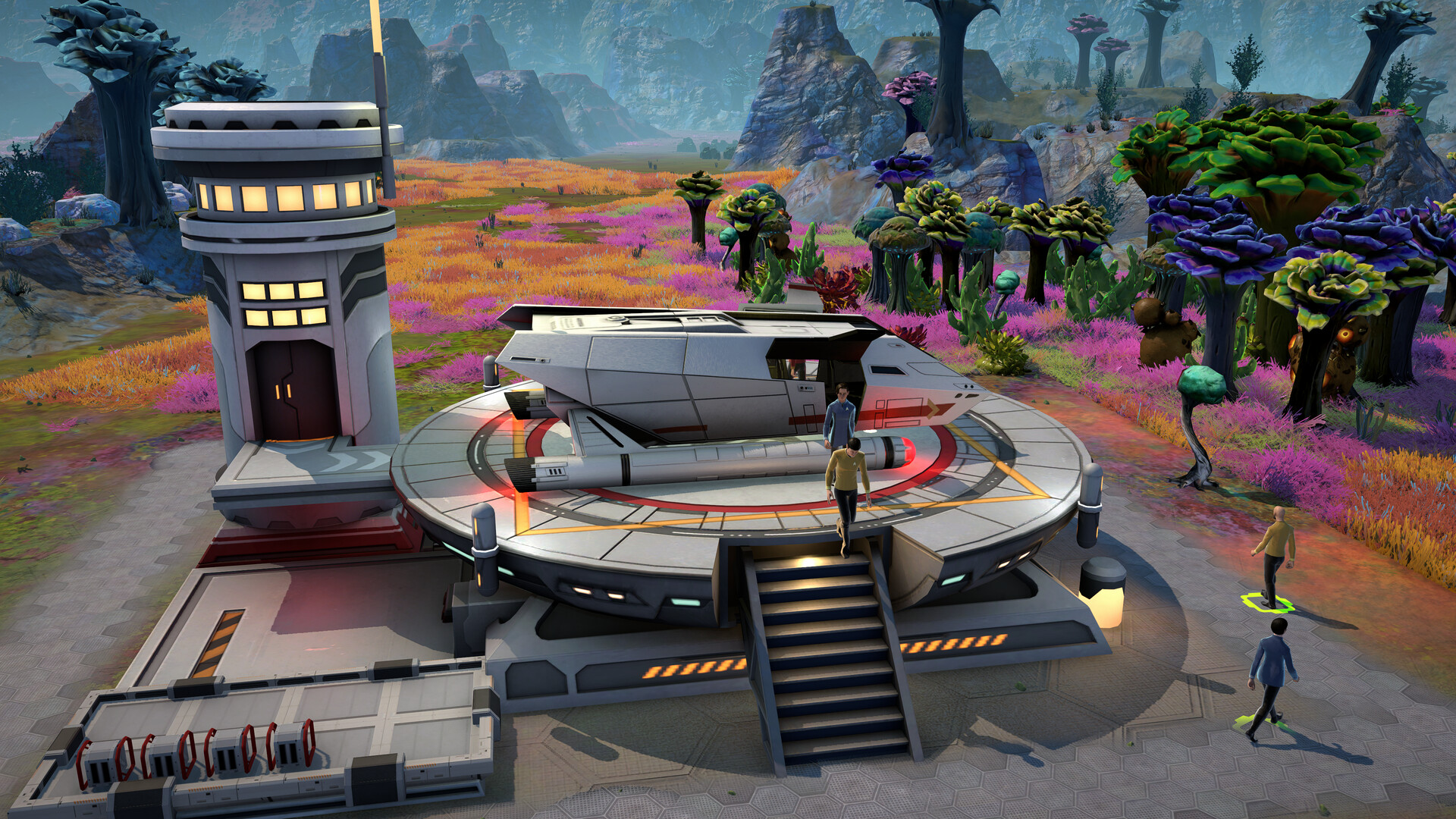 Outposts Unknown screenshot of a control tower beside a shuttle pad with crew nearby.