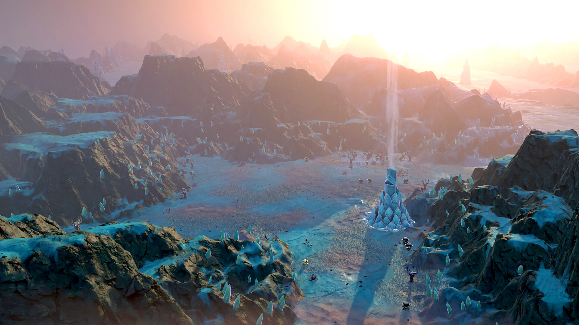 Outposts Unknown screenshot of a beam of light rising from a misty valley.